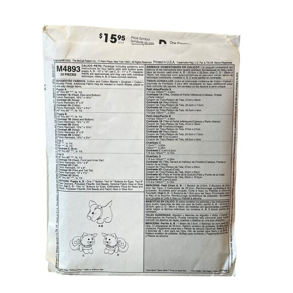 McCalls Crafts Pattern M4893 Cat & Dog Plush Toys Sewing Pattern Size OSZ - Picture 2 of 2